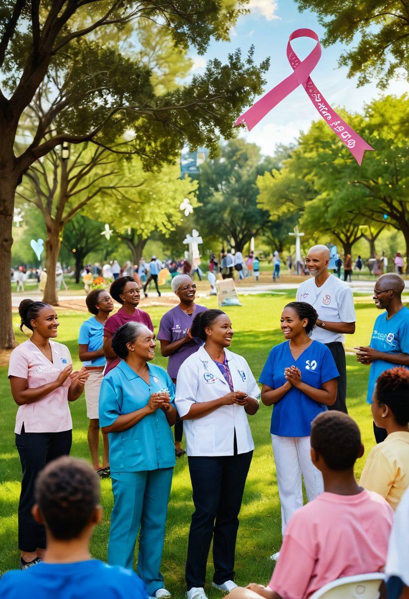 A diverse group of patients and advocates engaging in a supportive community gathering, surrounded by symbols of hope like ribbons and flowers, with warm, uplifting expressions. In the background, a serene park setting symbolizes healing, while infographics of cancer statistics float softly in the air. The main characters should represent different ages, genders, and ethnicities, conveying unity and strength. super-realistic. vibrant colors. warm atmosphere.