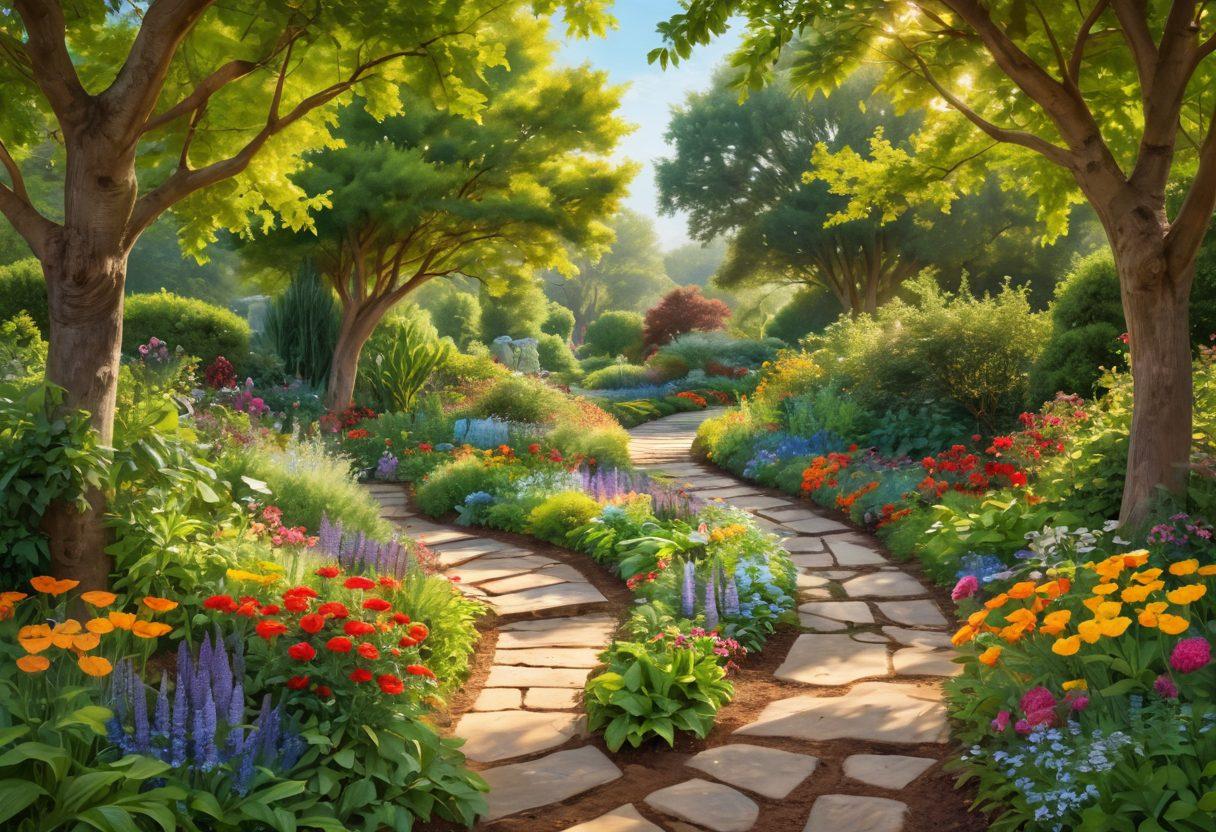 A serene landscape featuring a pathway winding through a lush garden symbolizing growth, resilience, and hope. Include elements such as diverse fruits and vegetables represented along the sides of the path, alongside inspirational quotes subtly integrated into the foliage. Soft sunlight filtering through the trees creates a warm, inviting atmosphere. Incorporate supportive figures, such as a caregiver and survivor sharing a moment of laughter. vibrant colors. nature-themed. painting.