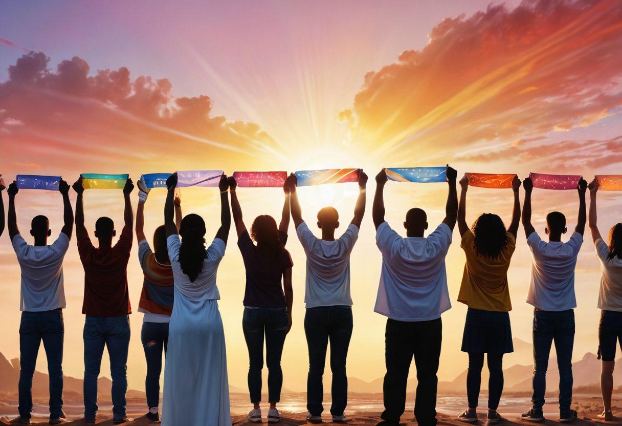 A powerful, uplifting scene depicting a diverse group of survivors standing united, each holding symbols of strength and hope, like ribbons and support banners, against a backdrop of a gentle sunrise symbolizing new beginnings. The atmosphere is filled with warmth and resilience, incorporating elements of community support like hands reaching out and intertwined. super-realistic. vibrant colors. soft focus.